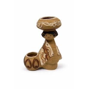 Vtg Ceramic Folk Art Figurine 
Dual Decorative Vessels Boho Pottery Sculpture